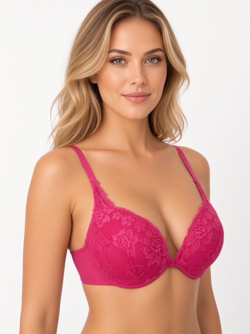 FREDERICK'S OF HOLLYWOOD Vintage Lace Push Up Bra Hot Pink Size 34C
